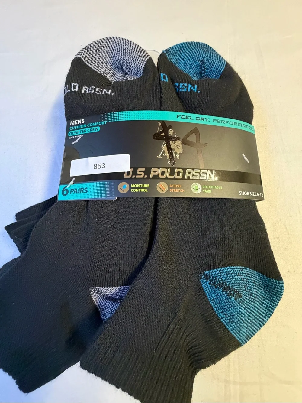 U.S. Polo Assn. Black Quarter Crew Socks with Blue & Red Toe Accents - 6 Pack